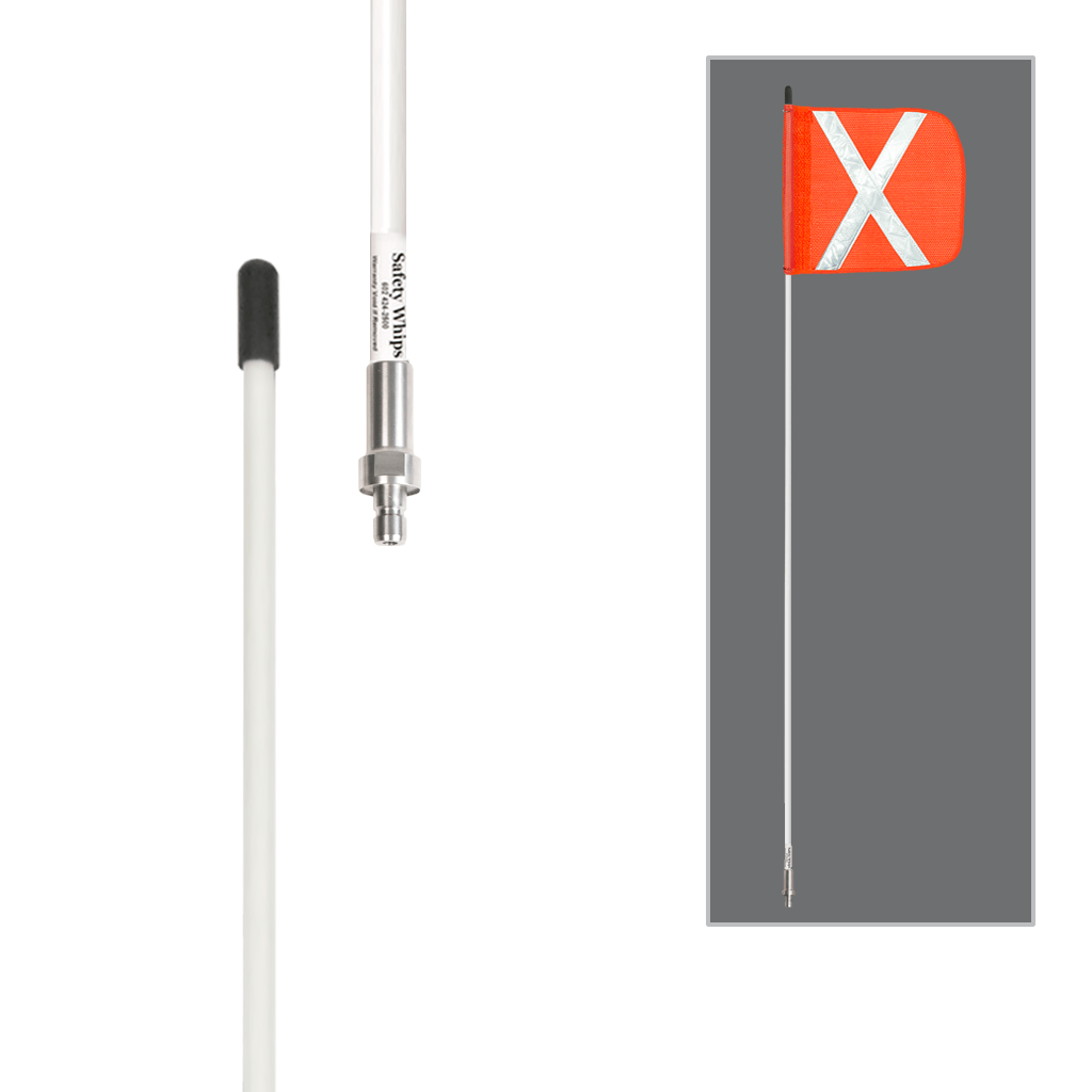 SafetyWhips 8', 1 Piece, Non-powered, Quick Disconnect, Heavy Duty Whip with Orange Flag (White X)