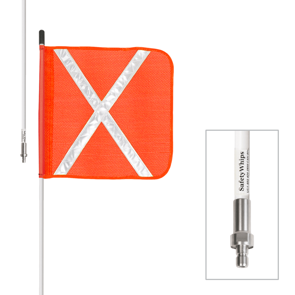 SafetyWhips 8', 1 Piece, Non-powered, Quick Disconnect, Heavy Duty Whip with Orange Flag (White X)