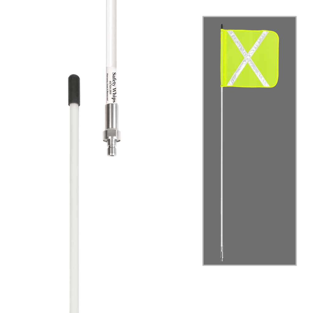 SafetyWhips 8', 1 Piece, Non-powered, Quick Disconnect, Heavy Duty Whip with Fluorescent Yellow Flag (White X)