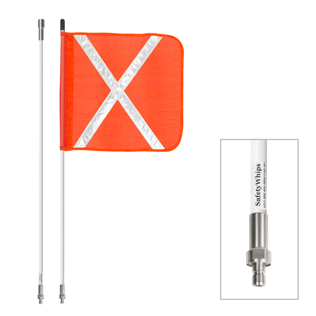 SafetyWhips 8', 2 Piece (Breakdown), Non-powered, Quick Disconnect, Heavy Duty Whip with Orange Flag (White X)