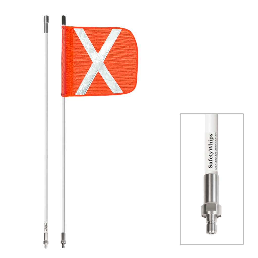 SafetyWhips 8', 2 Piece (Breakdown), Non-powered, Quick Disconnect, Heavy Duty Whip with Orange Flag (White X)