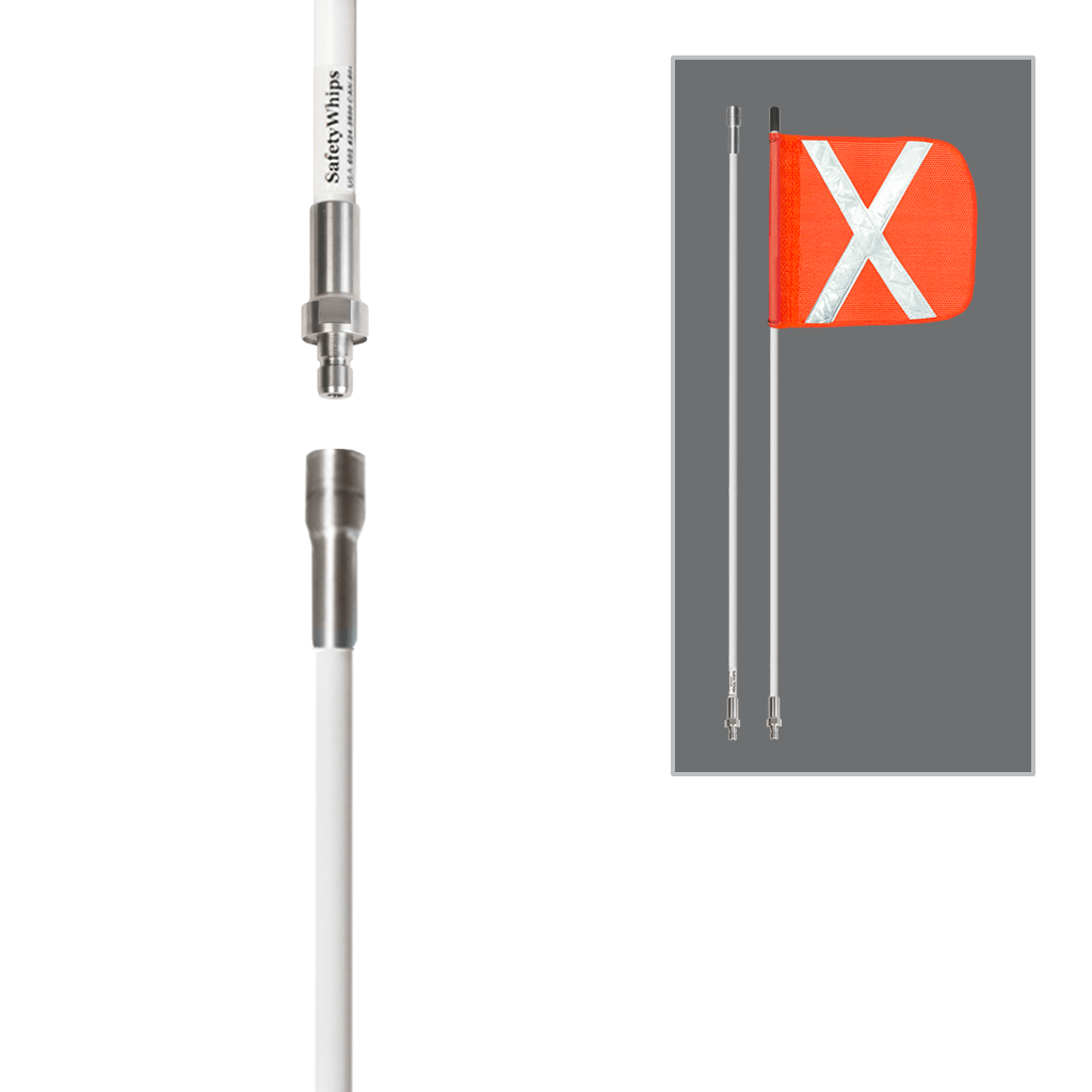 SafetyWhips 8', 2 Piece (Breakdown), Non-powered, Quick Disconnect, Heavy Duty Whip with Orange Flag (White X)