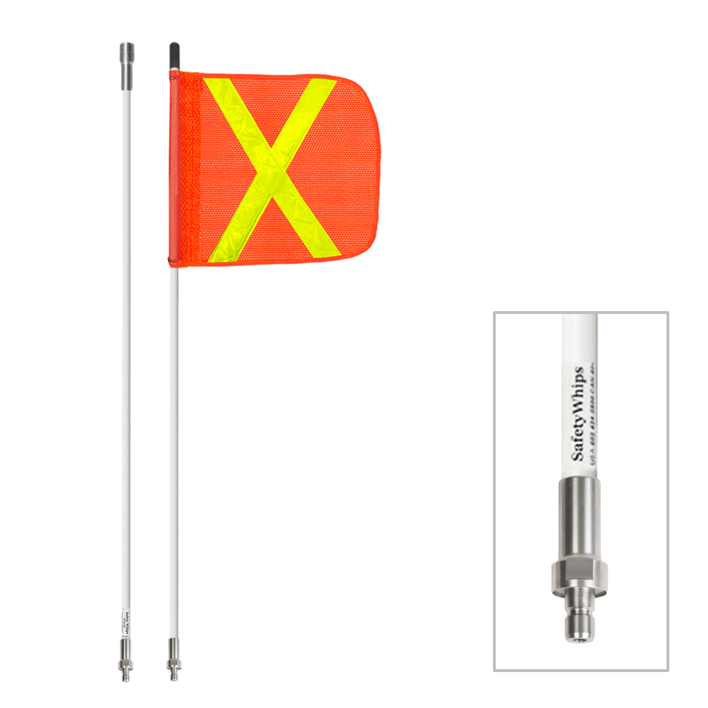 SafetyWhips 8', 2 Piece (Breakdown), Non-powered, Quick Disconnect, Heavy Duty Whip with Orange Flag (Yellow X)