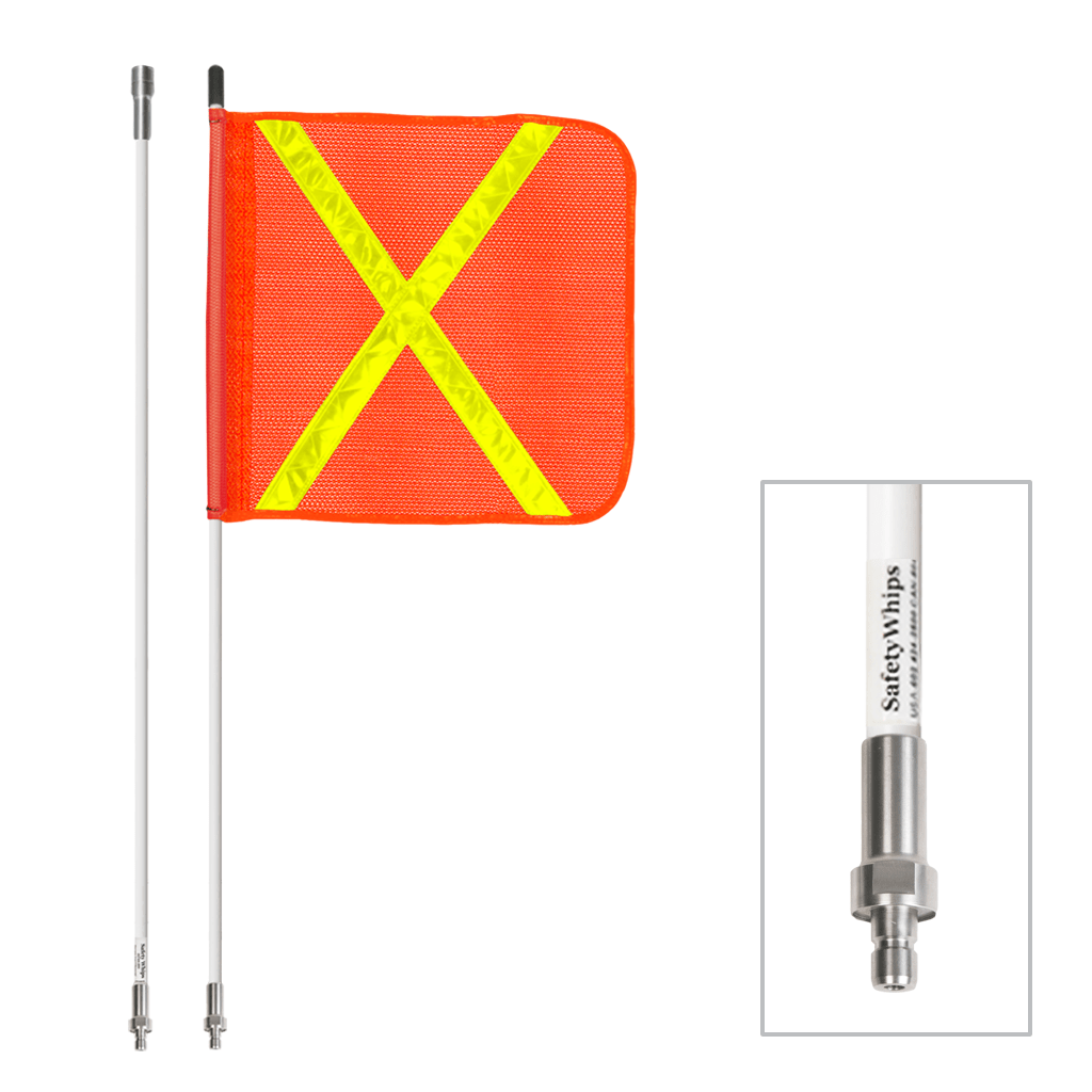 SafetyWhips 8', 2 Piece (Breakdown), Non-powered, Quick Disconnect, Heavy Duty Whip with Orange Flag (Yellow X)