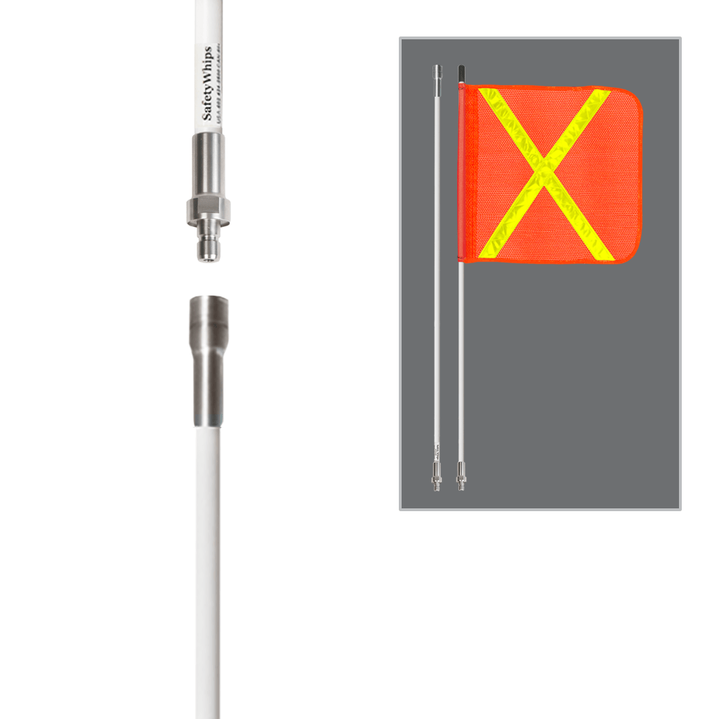 SafetyWhips 8', 2 Piece (Breakdown), Non-powered, Quick Disconnect, Heavy Duty Whip with Orange Flag (Yellow X)