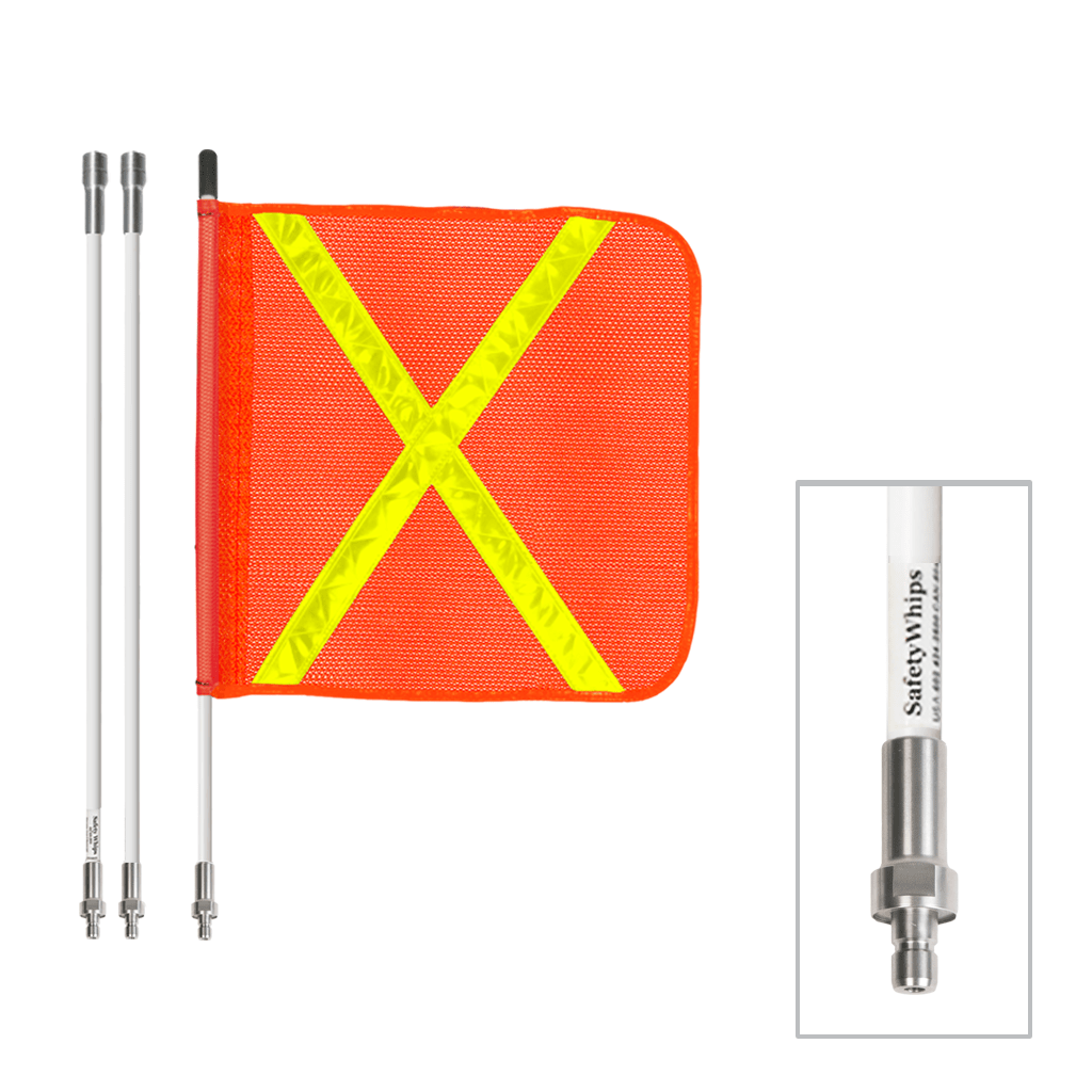 SafetyWhips 8', 3 Piece (Breakdown), Non-powered, Quick Disconnect, Heavy Duty Whip with Orange Flag (Yellow X)