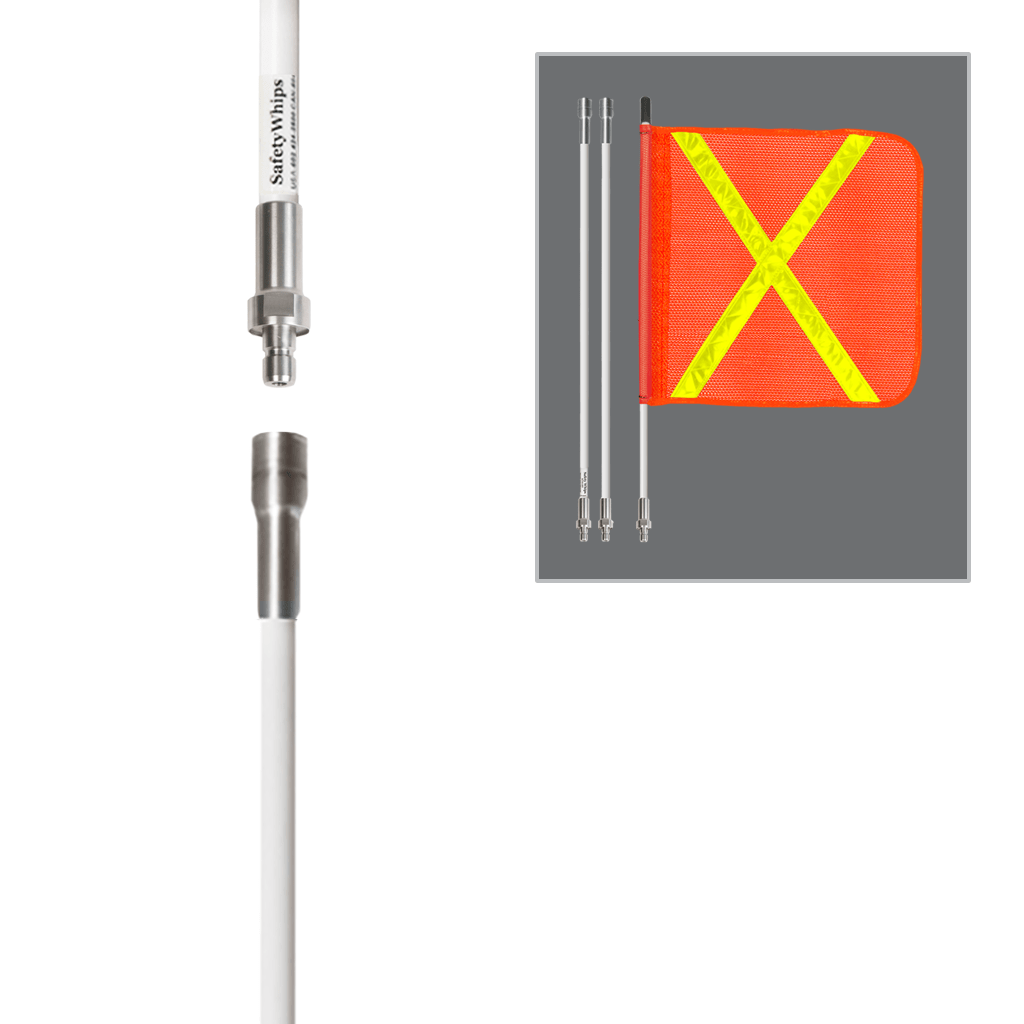 SafetyWhips 8', 3 Piece (Breakdown), Non-powered, Quick Disconnect, Heavy Duty Whip with Orange Flag (Yellow X)