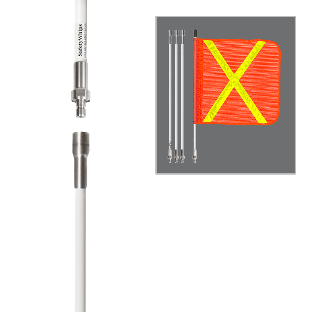 SafetyWhips 8', 4 Piece (Breakdown), Non-powered, Quick Disconnect, Heavy Duty Whip with Orange Flag (Yellow X)
