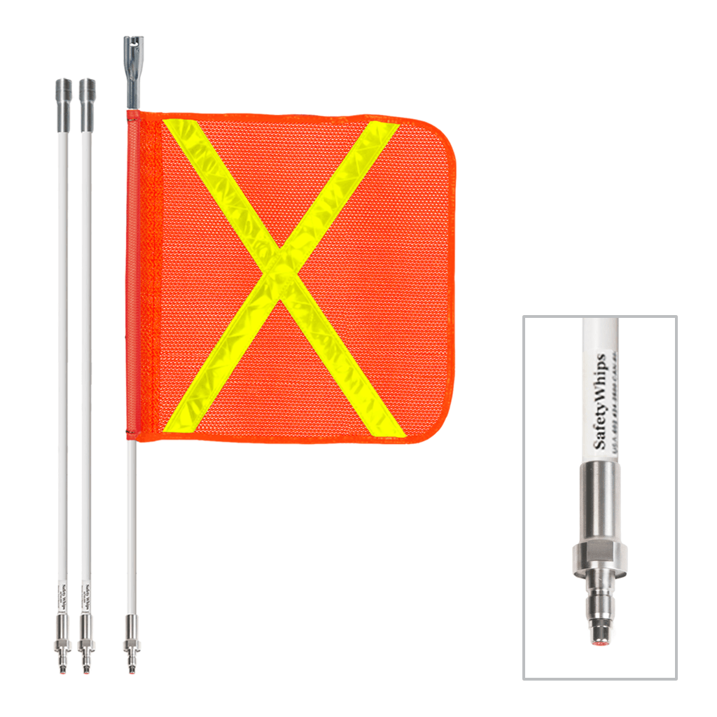 SafetyWhips 9', 3 Piece (Breakdown), Powered, Quick Disconnect, Heavy Duty Whip with Orange Flag (Yellow X)