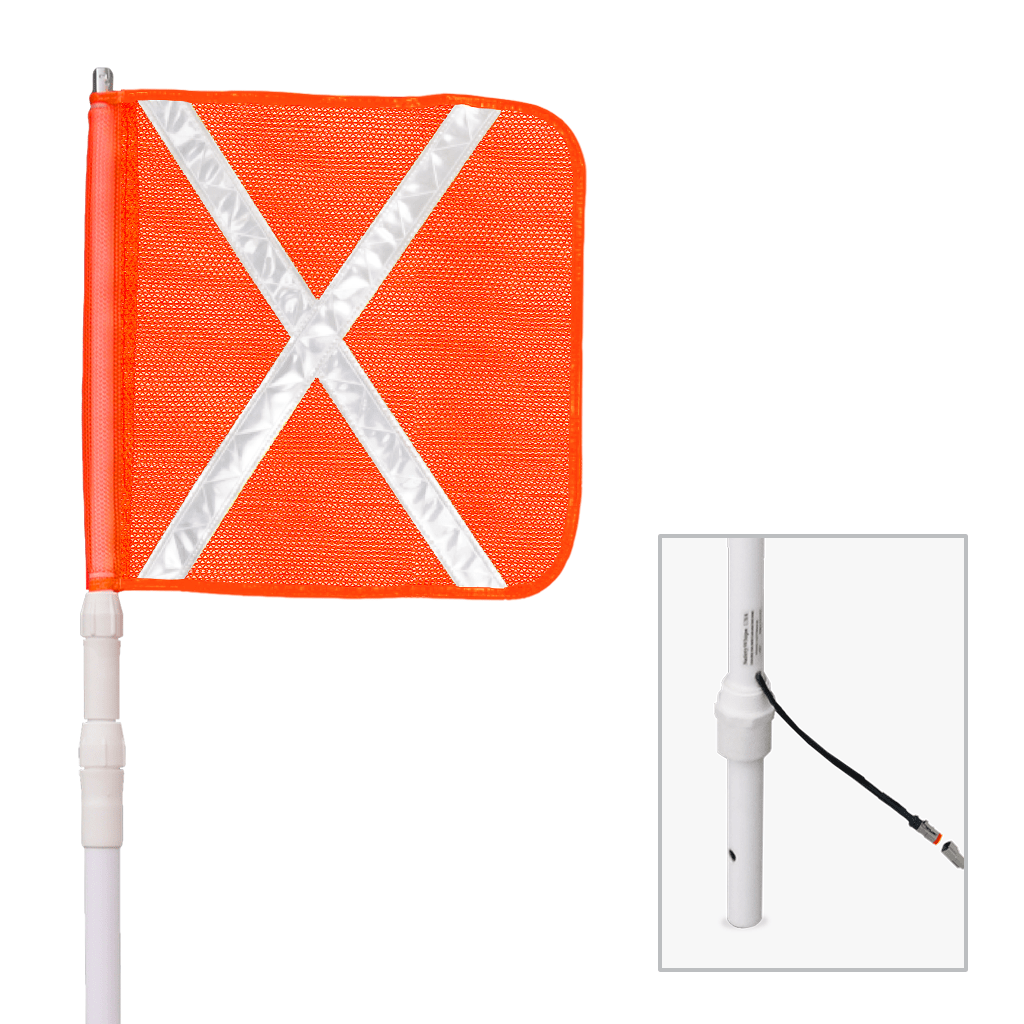 SafetyWhips 13', Powered, Heavy Duty Telescoping Whip with 16" Orange Mesh Flag (White X)