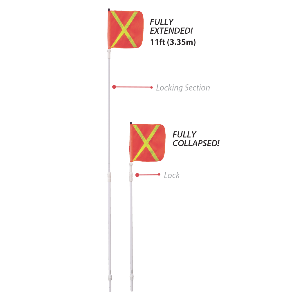 SafetyWhips 15', Powered, Heavy Duty Telescoping Whip with Orange Flag (Yellow X)