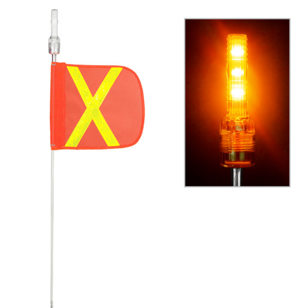 NVIZN 3 Sided Heavy Duty Plastic Vehicle ID with Amber Strobe 4' Powered Whip with 16''x16'' Orange flag with Reflective Yellow X, Amber LED and Strobe
