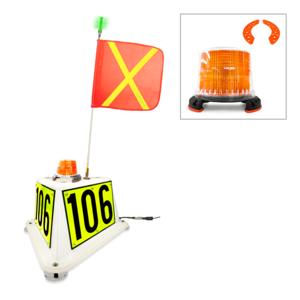 NVIZN 3 Sided Heavy Duty Plastic Vehicle ID with Green Strobe 4' Powered Whip with 16''x16'' Orange flag with Reflective Yellow X, Amber LED and Strobe