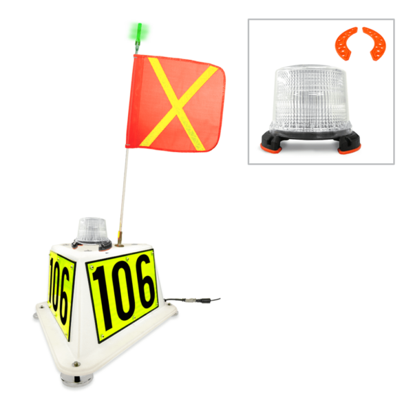 NVIZN 3 Sided Heavy Duty Plastic Vehicle ID with Green Strobe 4' Powered Whip with 16''x16'' Orange flag with Reflective Yellow X, Green LED and Strobe