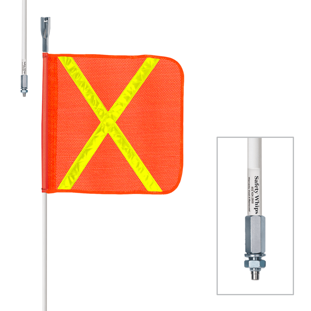 SafetyWhips 3', 1 Piece, Powered, Threaded, Heavy Duty Whip with Orange Flag (Yellow X)