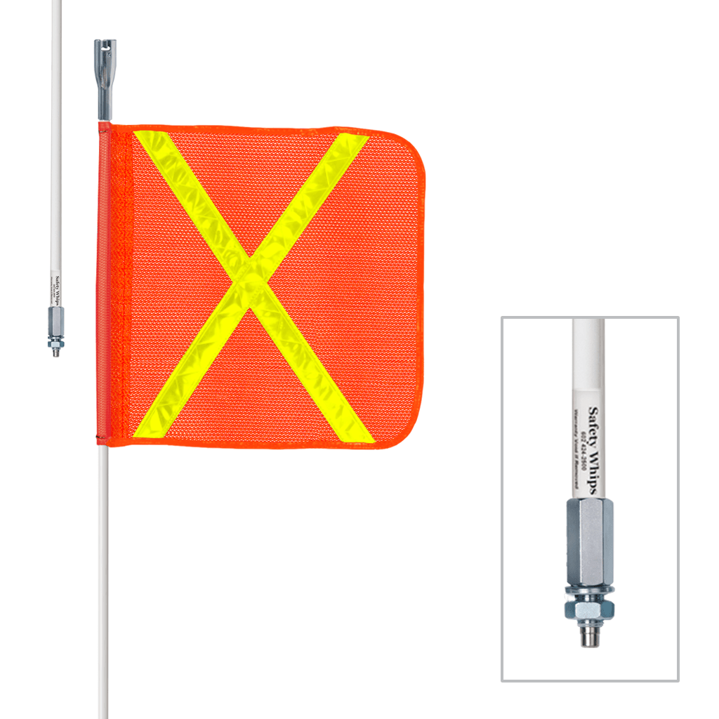 SafetyWhips 5', 1 Piece, Powered, Threaded, Heavy Duty Whip with Orange Flag (Yellow X)
